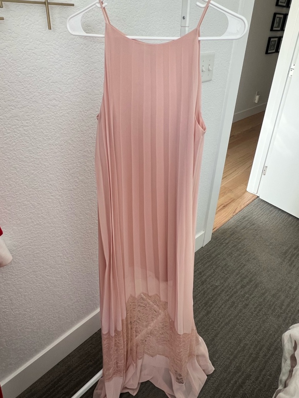 BCBGeneration Blush Pink Pleated Maxi Dress with Lace Trim